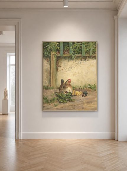 Kip met Kuikens (naar Baird), Dieren schilderij aan de muur in interieur