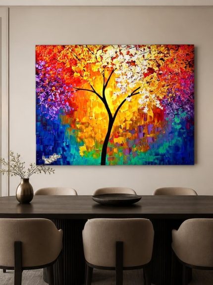 Boom in Regenboogkleuren, Natuur & Landschap schilderij aan de muur in interieur