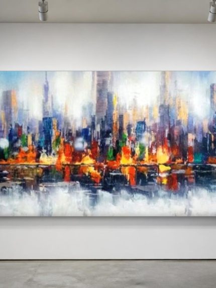 Wolkenkrabbers in Kleurrijke Mist, Steden & Skylines schilderij aan de muur in interieur