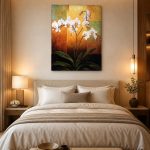 Witte Orchidee in Gouden Licht, Bloemen & Stilleven schilderij aan de muur in interieur
