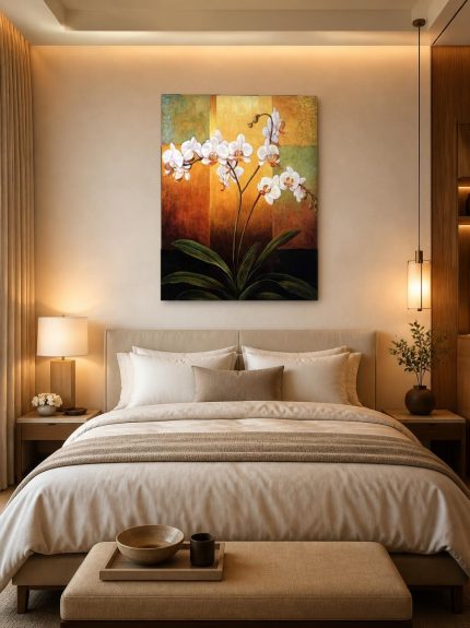 Witte Orchidee in Gouden Licht, Bloemen & Stilleven schilderij aan de muur in interieur
