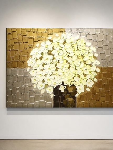 Ivoren Bloesempracht, Bloemen & Stilleven schilderij aan de muur in interieur