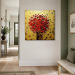 Rood Boeket op Goudmozaïek, Bloemen & Stilleven schilderij aan de muur in interieur