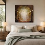 Boslaan in Gouden Schemer, Natuur & Landschap schilderij aan de muur in interieur