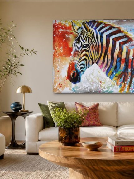 Zebra in kleurexplosie, Dieren schilderij aan de muur in interieur