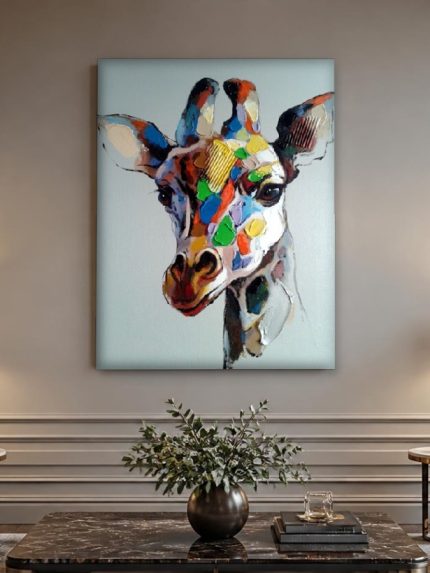 Kleurrijke Giraffe in Close-up, Dieren schilderij aan de muur in interieur
