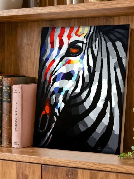 Zebra met Kleurrijke Blik, Dieren schilderij aan de muur in interieur