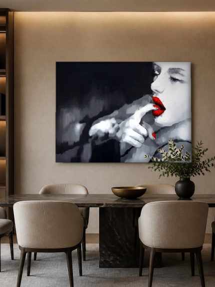 Rode Lippen in Zwart-Wit, Mensen & Portretten schilderij aan de muur in interieur