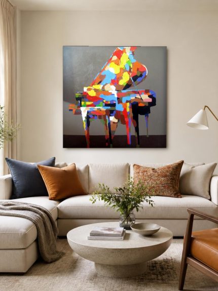 Vrolijke Vleugelpiano in Kleurvlakken, Mensen & Portretten schilderij aan de muur in interieur