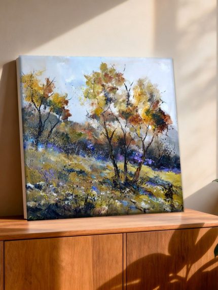 Herfstbomen op de Heuvel, Natuur & Landschap schilderij aan de muur in interieur