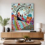 Sprookjesachtig Dorp op de Heuvel, Steden & Skylines schilderij aan de muur in interieur