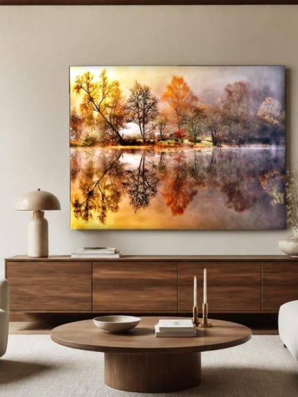 Mistige Herfstoever, Natuur & Landschap schilderij aan de muur in interieur