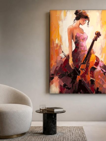 Celliste in Warme Gloed, Mensen & Portretten schilderij aan de muur in interieur