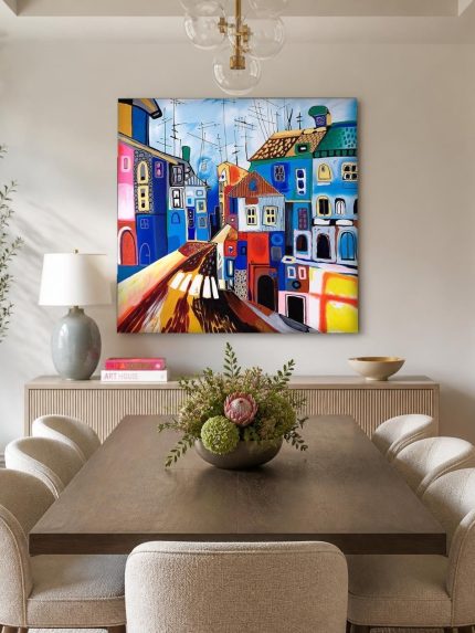 Speels Straatje in Kleur, Steden & Skylines schilderij aan de muur in interieur
