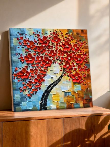 Rode Bloesemboom in Paletmes, Bloemen & Stilleven schilderij aan de muur in interieur