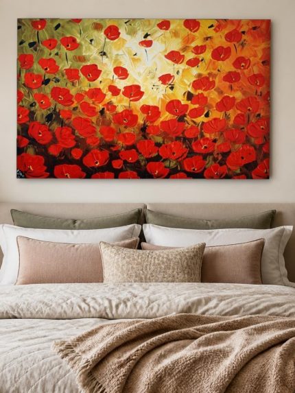 Klaprozenveld in Gloed, Bloemen & Stilleven schilderij aan de muur in interieur