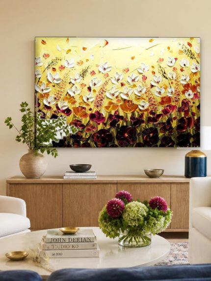 Veldbloemen in Gouden Licht, Bloemen & Stilleven schilderij aan de muur in interieur