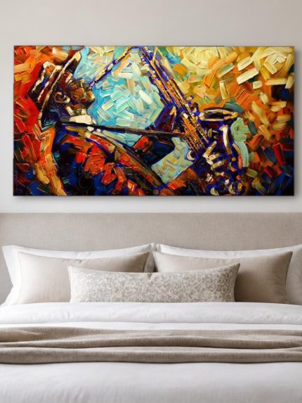 Saxofonist in Vuur en Blauw, Mensen & Portretten schilderij aan de muur in interieur