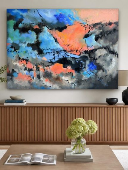 Kleurexplosie in Blauw en Oranje, Abstract & Modern schilderij aan de muur in interieur