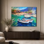 Vissersbootjes in Turquoise Baai, Natuur & Landschap schilderij aan de muur in interieur