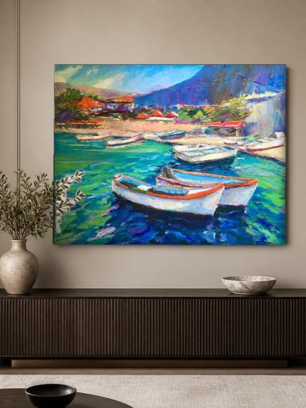 Vissersbootjes in Turquoise Baai, Natuur & Landschap schilderij aan de muur in interieur