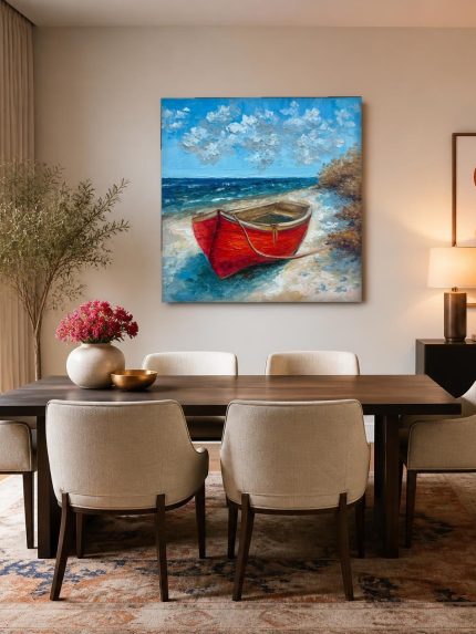 Rode boot op het strand, Natuur & Landschap schilderij aan de muur in interieur