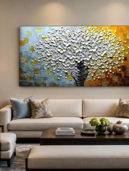 Wit Boeket in Gouden Licht, Bloemen & Stilleven schilderij aan de muur in interieur