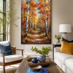 Gouden Berkenlaan in Herfsttooi, Natuur & Landschap schilderij aan de muur in interieur