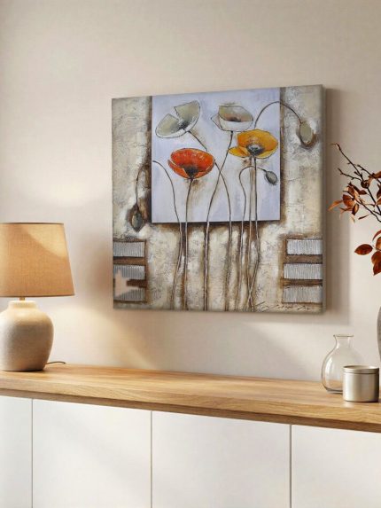 Papavers in Stijlvol Reliëf, Bloemen & Stilleven schilderij aan de muur in interieur