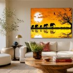 Olifantenfamilie bij Zonsondergang, Dieren schilderij aan de muur in interieur