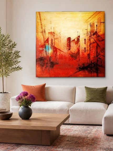 Straatgezicht in Vuurgloed, Steden & Skylines schilderij aan de muur in interieur