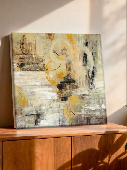 Cirkelspel in Zand en Oker, Abstract & Modern schilderij aan de muur in interieur