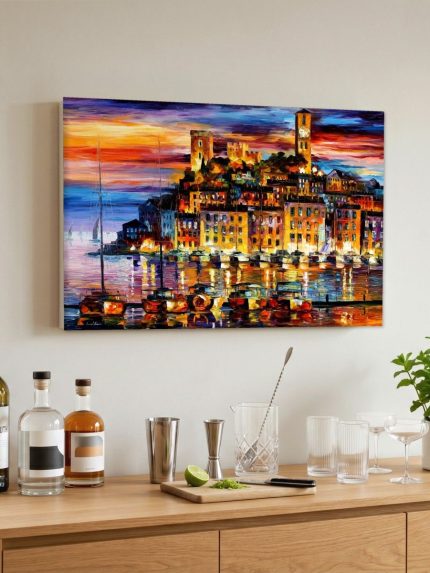 Kuststad in Avondgloed, Natuur & Landschap schilderij aan de muur in interieur