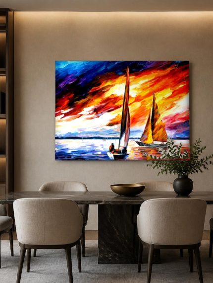 Zeilboten in Vuurgloed, Natuur & Landschap schilderij aan de muur in interieur