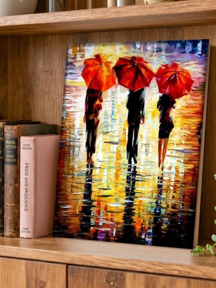 Rode Paraplu's in de Regen, Mensen & Portretten schilderij aan de muur in interieur