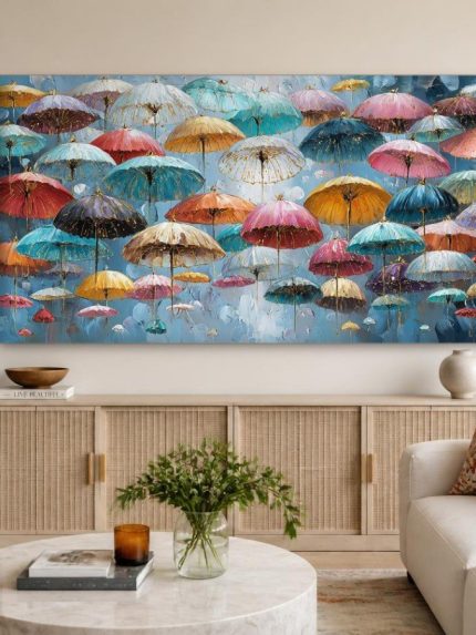 Kleurrijke Paraplu's in de Regen, Abstract & Modern schilderij aan de muur in interieur