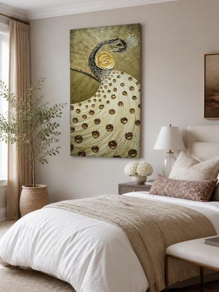 Witte pauw met gouden veren, Dieren schilderij aan de muur in interieur