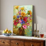 Kleurrijk Boeket met Zonnebloemen, Bloemen & Stilleven schilderij aan de muur in interieur