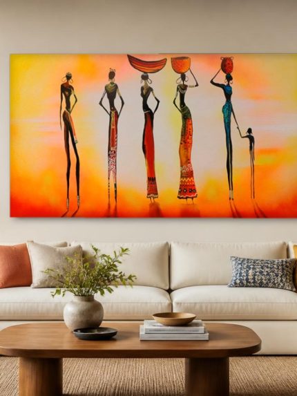 Vrouwen in Silhouet bij Zonsondergang, Mensen & Portretten schilderij aan de muur in interieur