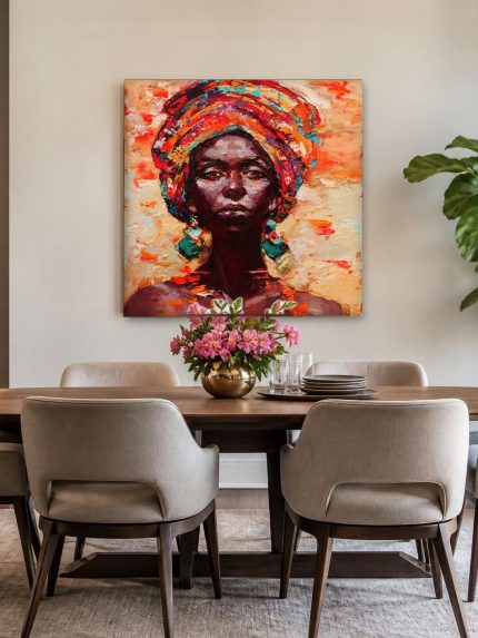 Vrouw met kleurrijke tulband, Mensen & Portretten schilderij aan de muur in interieur