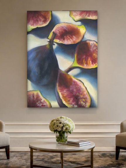 Opengesneden vijgen in ochtendlicht, Bloemen & Stilleven schilderij aan de muur in interieur