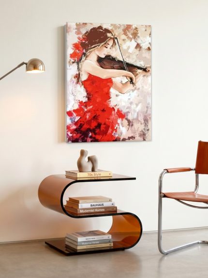 Vioolspeelster in Rood, Mensen & Portretten schilderij aan de muur in interieur