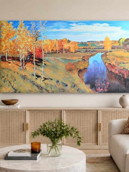 Rivier in Herfstglans, Natuur & Landschap schilderij aan de muur in interieur