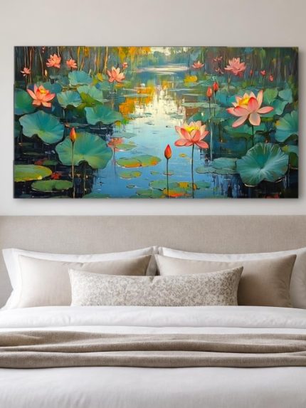 Lotusvijver in Bloei, Bloemen & Stilleven schilderij aan de muur in interieur