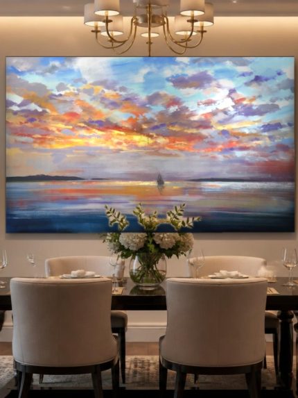 Zeilboot in Vuurgloed, Natuur & Landschap schilderij aan de muur in interieur