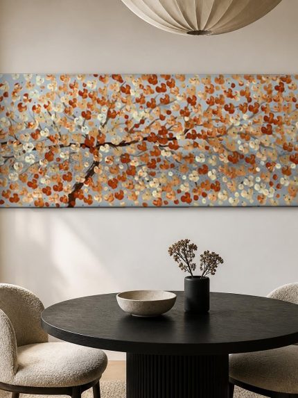 Koperen Bloesemtak, Bloemen & Stilleven schilderij aan de muur in interieur