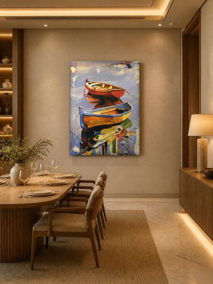Twee bootjes in stil water, Natuur & Landschap schilderij aan de muur in interieur