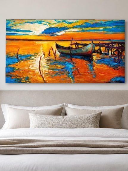 Boten bij Zonsondergang, Natuur & Landschap schilderij aan de muur in interieur