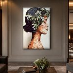 Vrouw met bloemenkroon in profiel, Mensen & Portretten schilderij aan de muur in interieur