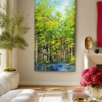 Zonnig Berkenbos aan het Water, Natuur & Landschap schilderij aan de muur in interieur